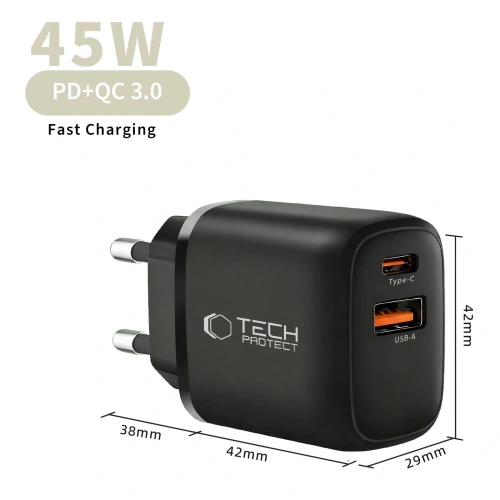 Ładowarka sieciowa Tech-Protect NCA45W-GAN USB-A, USB-C Network Charger PD 45W / QC3.0 + USB-C Cable Black