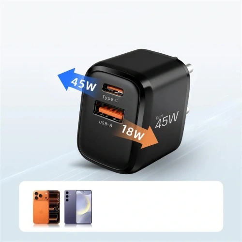 Ładowarka sieciowa Tech-Protect NCA45W-GAN USB-A, USB-C Network Charger PD 45W / QC3.0 + USB-C Cable Black