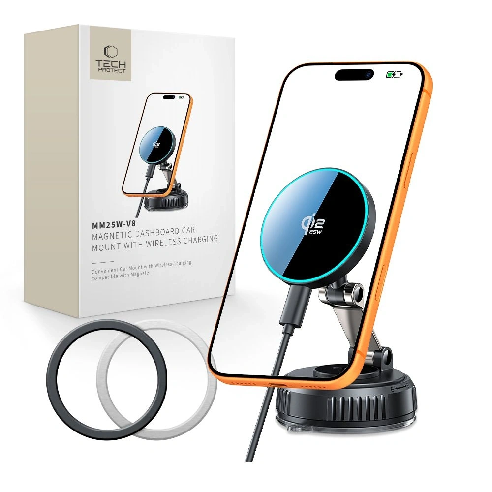 Uchwyt z ładowarką bezprzewodową Tech-Protect MM25W-V8 Qi2.2 Magnetic MagSafe Windshield & Dashboard Car Mount Wireless Charger 25W Black