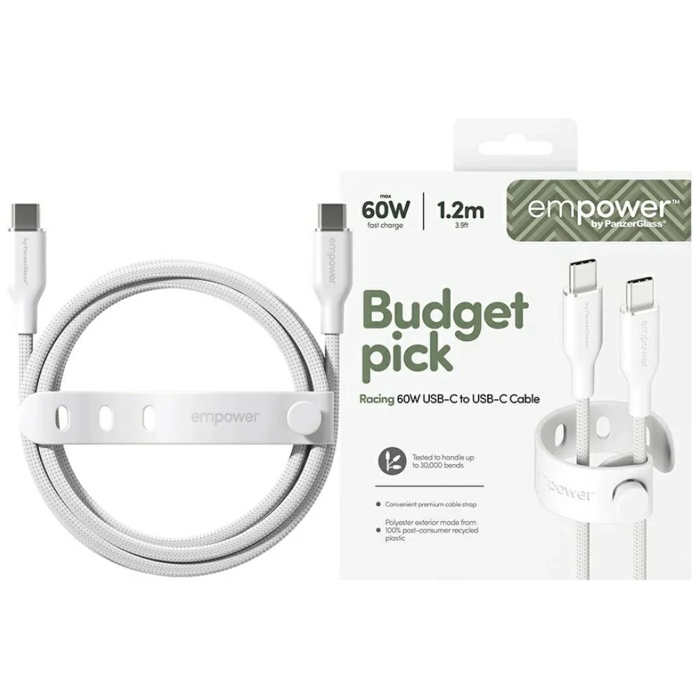 Kabel Empower by PanzerGlass Racing 60W USB-C / USB-C 1.2m srebrno-biały
