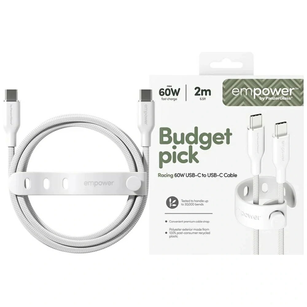 Kabel Empower by PanzerGlass Racing 60W USB-C / USB-C 2m srebrno-biały