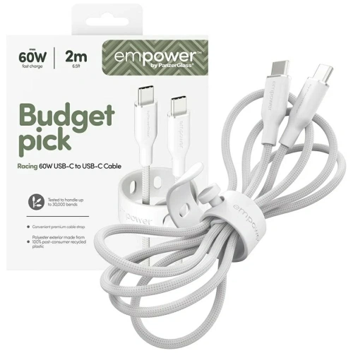 Kabel Empower by PanzerGlass Racing 60W USB-C / USB-C 2m srebrno-biały