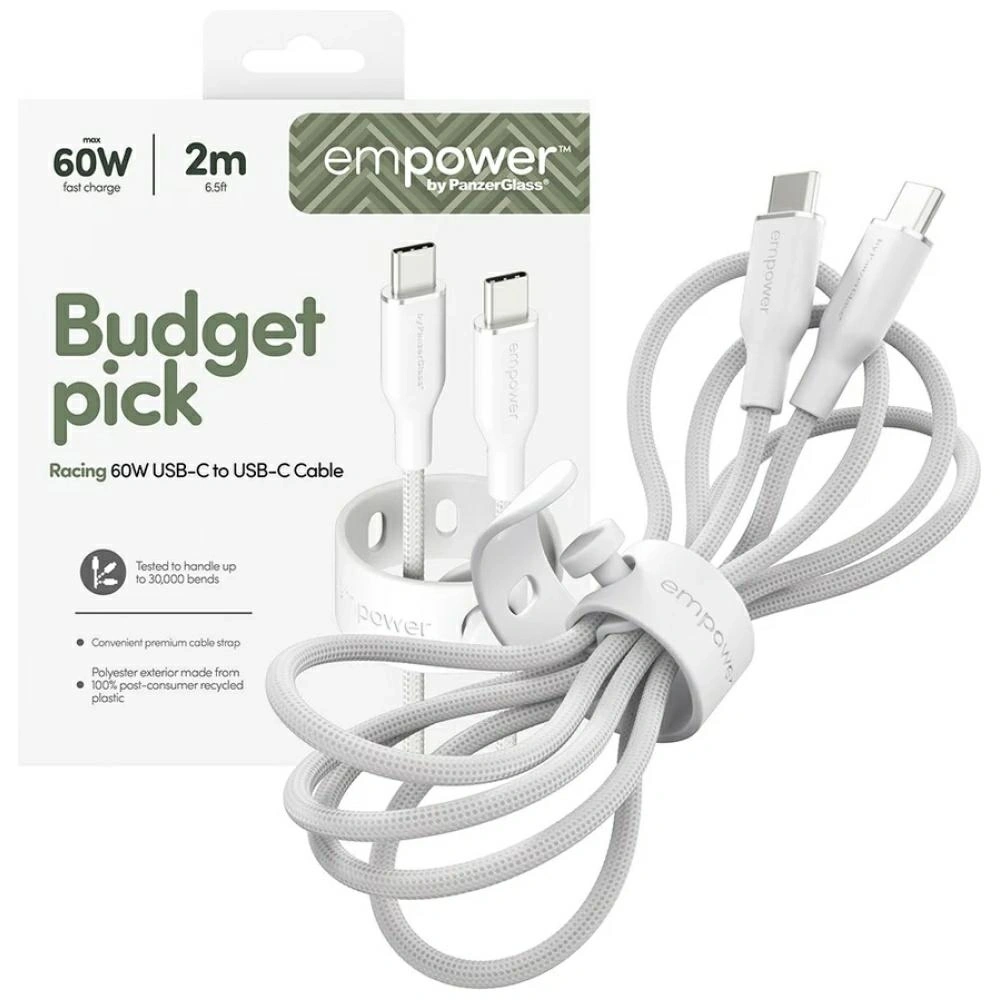 Kabel Empower by PanzerGlass Racing 60W USB-C / USB-C 2m srebrno-biały