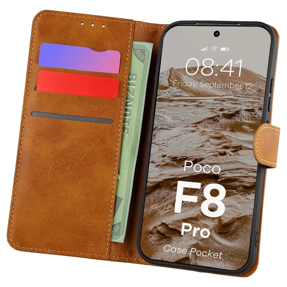 Etui z klapką Bizon Case Pocket do Xiaomi POCO F8 Pro brązowe
