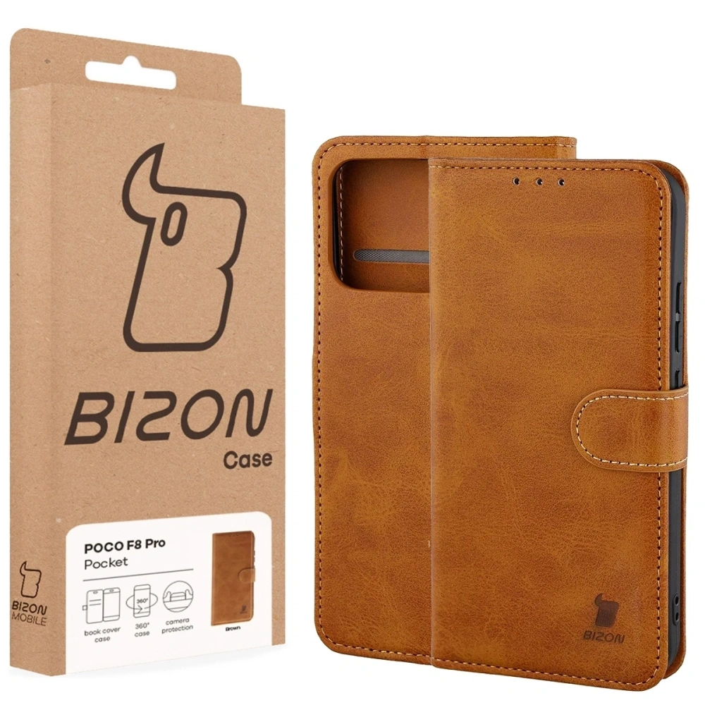 Etui z klapką Bizon Case Pocket do Xiaomi POCO F8 Pro brązowe
