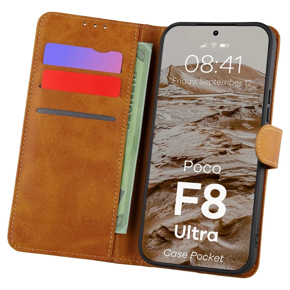 Etui z klapką Bizon Case Pocket do Xiaomi POCO F8 Ultra brązowe