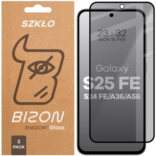 Prywatyzujące szkło hartowane Bizon Glass Edge Shadow Duo do Galaxy S25 FE / S24 FE / A36 5G / A56 5G przyciemniane z czarną ramką [2 PACK]