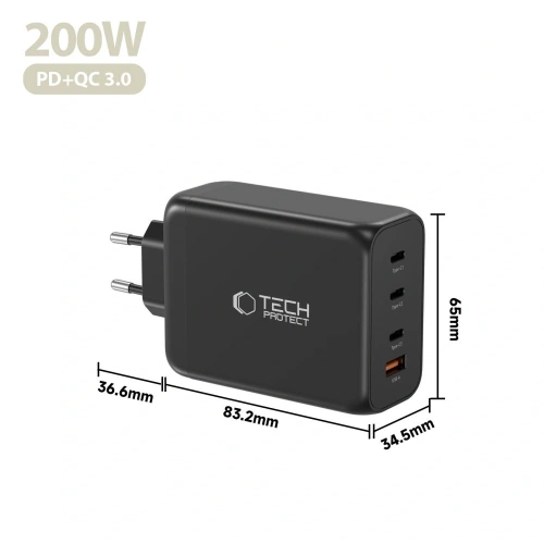 Ładowarka sieciowa Tech-Protect NC200W-GAN 4-port Network Charger PD 200W / QC3.0 Black