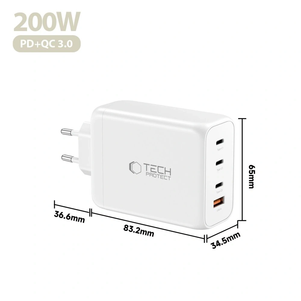 Ładowarka sieciowa Tech-Protect NC200W-GAN 4-port Network Charger PD 200W / QC3.0 White