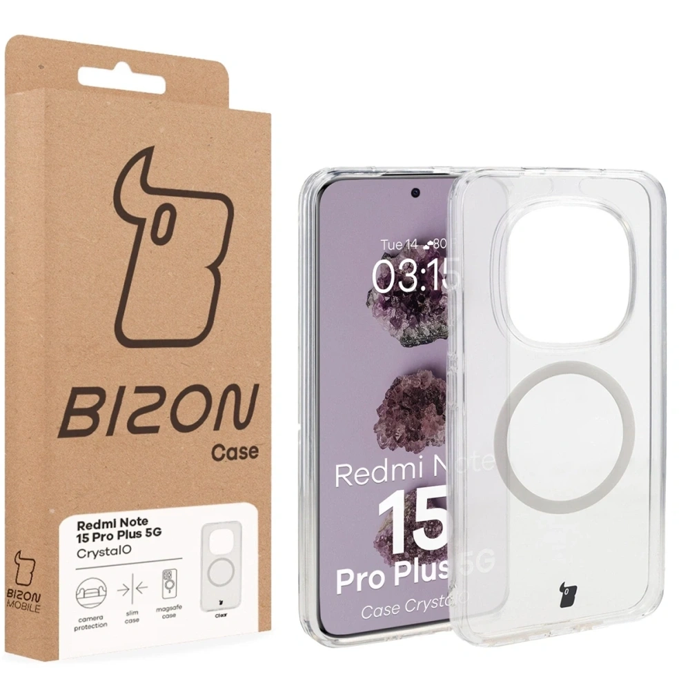 Etui z pierścieniem magnetycznym Bizon Case CrystalO do Xiaomi Redmi Note 15 Pro+ Plus 5G przezroczyste