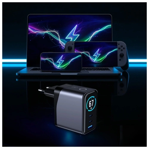 Ładowarka sieciowa 3MK InCharge Lumin PD 67W QC4+ PPS AFC FCP SCP USB-A 2xUSB-C TFT z wyświetlaczem czarny