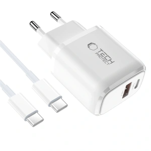 Ładowarka sieciowa Tech-Protect NCA45W-GAN USB-A, USB-C Network Charger PD 45W / QC3.0 + USB-C Cable White