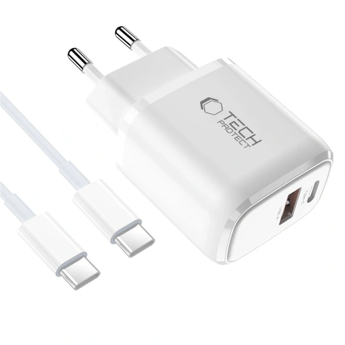 Ładowarka sieciowa Tech-Protect NCA45W-GAN USB-A, USB-C Network Charger PD 45W / QC3.0 + USB-C Cable White