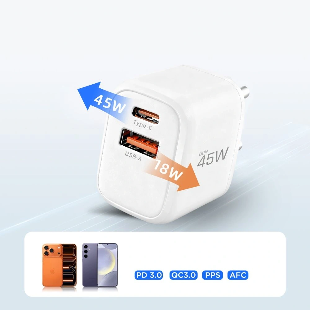 Ładowarka sieciowa Tech-Protect NCA45W-GAN USB-A, USB-C Network Charger PD 45W / QC3.0 + USB-C Cable White