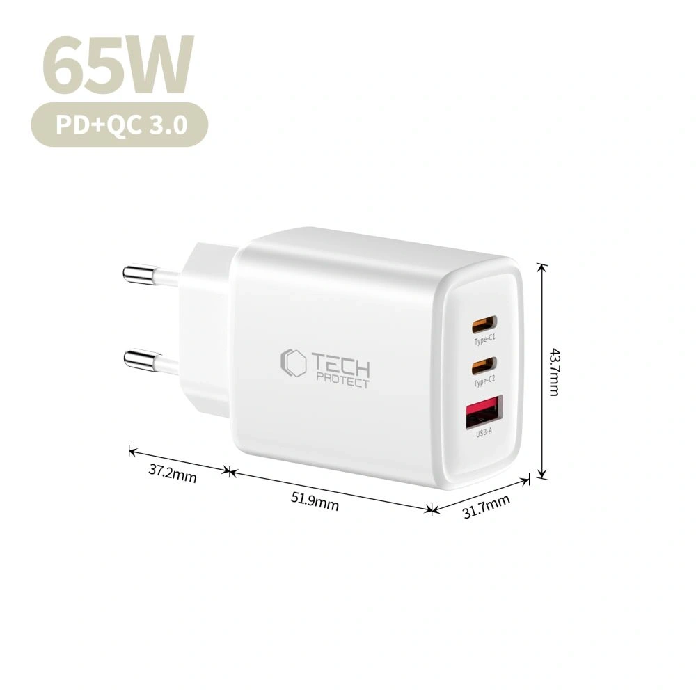 Ładowarka sieciowa Tech-Protect NCA65W-GAN USB-A, 2xUSB-C Network Charger PD 65W / QC3.0 White