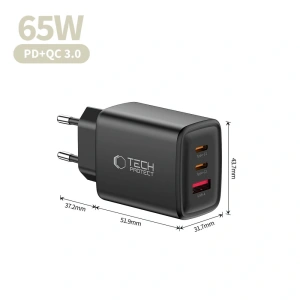 Ładowarka sieciowa Tech-Protect NCA65W-GAN USB-A, 2xUSB-C Network Charger PD 65W / QC3.0 Black