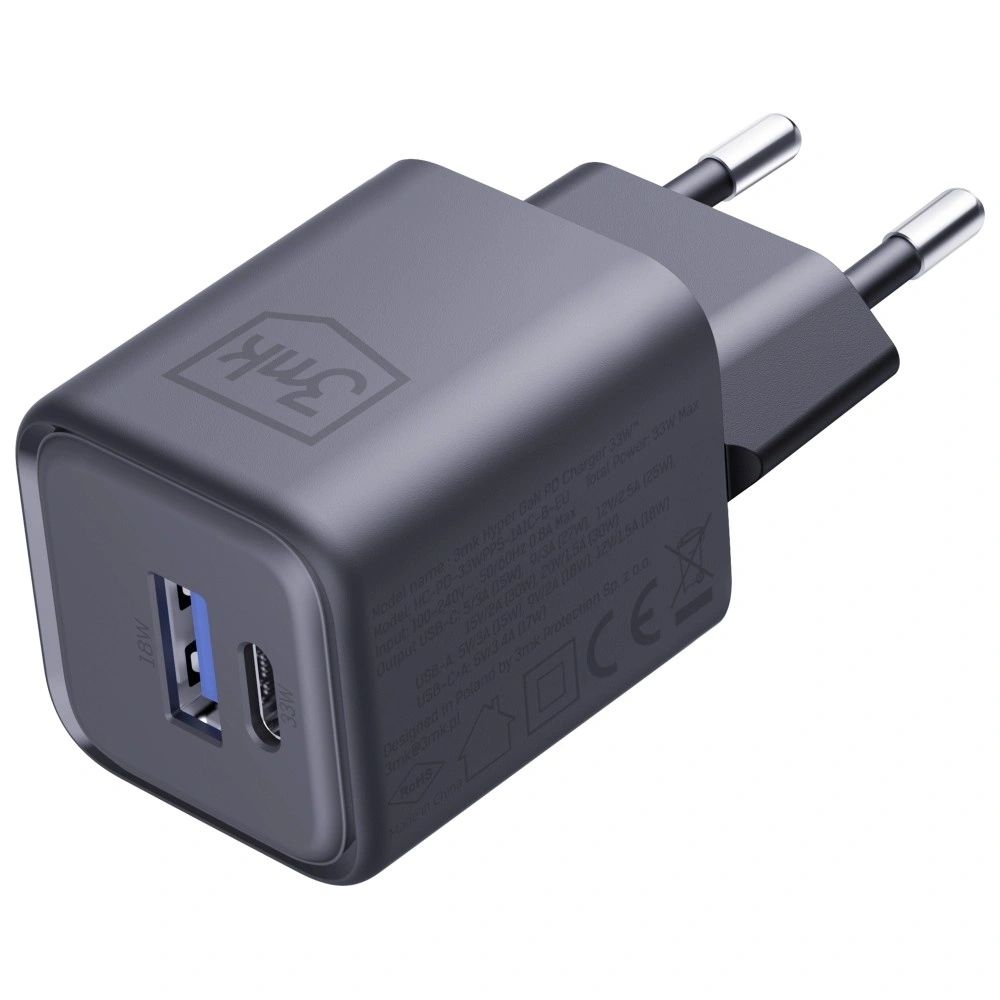 Ładowarka sieciowa 3MK Hyper Charger PD 33W GaN QC4+ PPS AFC FCP SCP USB-A + USB-C czarny