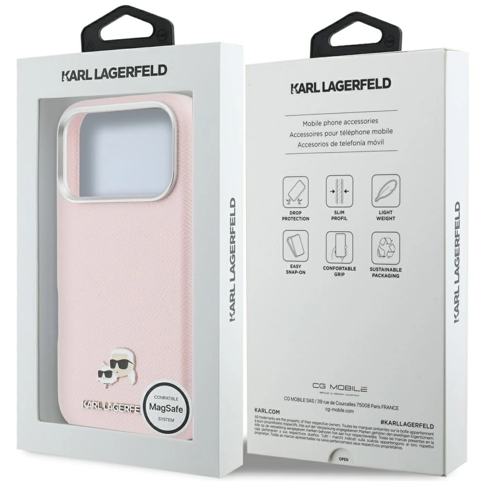 Etui Karl Lagerfeld Karl & Choupette Head Pins Saffiano MagSafe do Apple iPhone 17 Pro Max różowy
