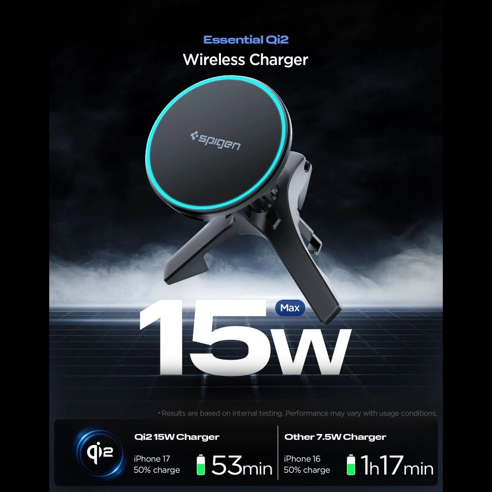 Uchwyt samochodowy do kratki z ładowarką Spigen EV15MAQ Essential Magnetic MagSafe Vent Car Mount Wireless Charger 15W QI2 Black