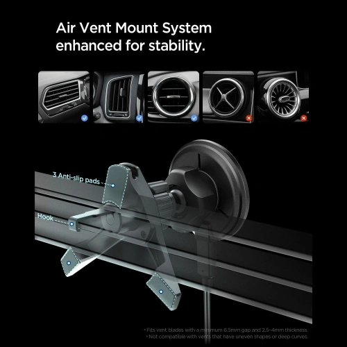 Uchwyt samochodowy do kratki z ładowarką Spigen EV15MAQ Essential Magnetic MagSafe Vent Car Mount Wireless Charger 15W QI2 Black