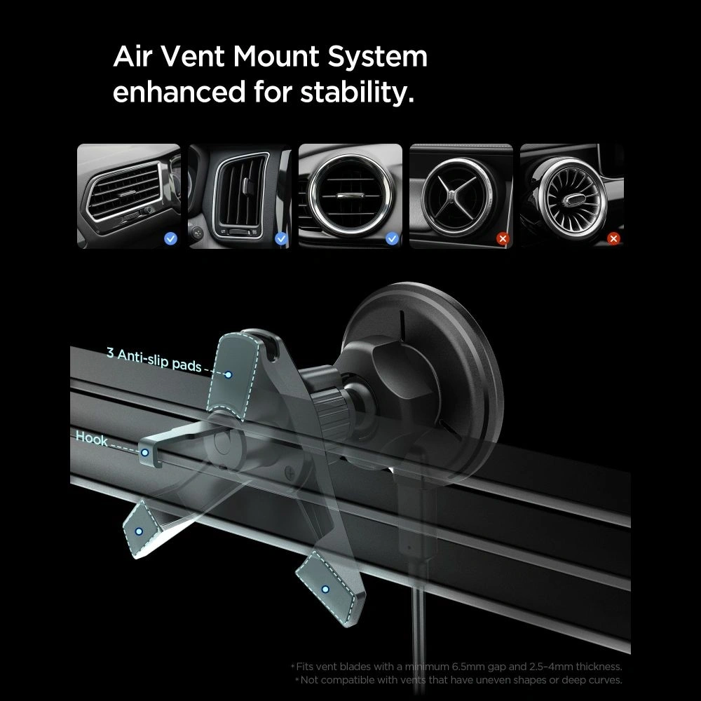 Uchwyt samochodowy do kratki z ładowarką Spigen EV15MAQ Essential Magnetic MagSafe Vent Car Mount Wireless Charger 15W QI2 Black
