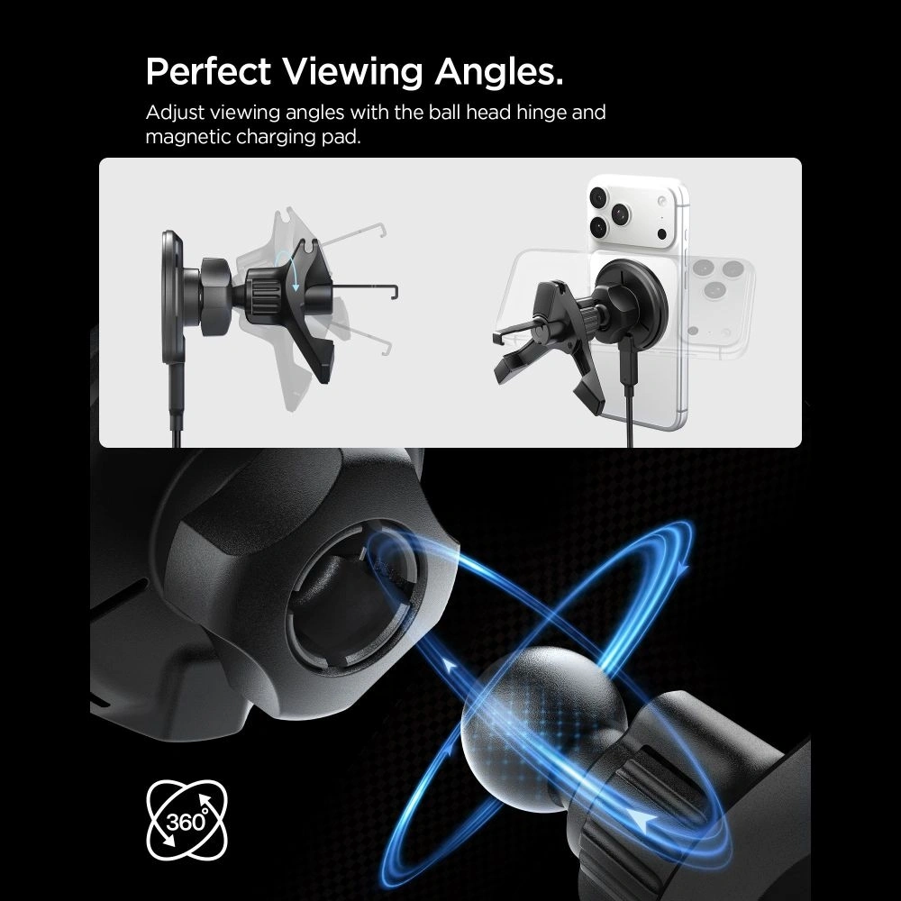 Uchwyt samochodowy do kratki z ładowarką Spigen EV15MAQ Essential Magnetic MagSafe Vent Car Mount Wireless Charger 15W QI2 Black