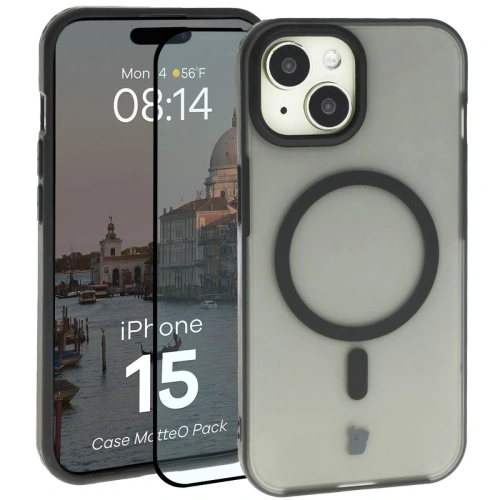 Etui z pierścieniem magnetycznym + szkło hartowane Bizon MatteO Pack do Apple iPhone 15 przydymione-czarne