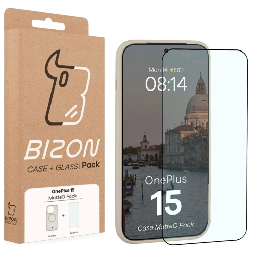 Etui z pierścieniem magnetycznym + szkło hartowane Bizon MatteO Pack do OnePlus 15 przydymione-beżowe