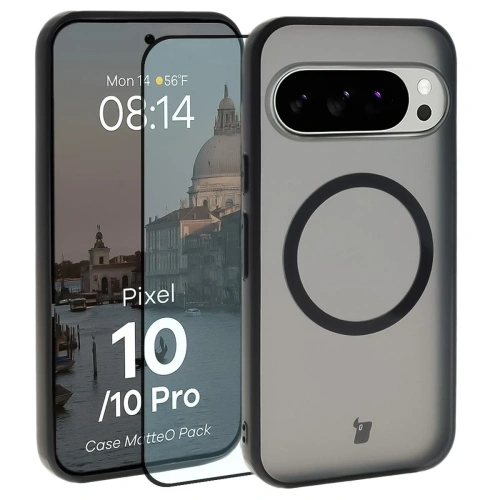 Etui z pierścieniem magnetycznym + szkło hartowane Bizon MatteO Pack do Google Pixel 10 / 10 Pro przydymione-czarne