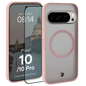 Etui z pierścieniem magnetycznym + szkło hartowane Bizon MatteO Pack do Google Pixel 10 / 10 Pro przydymione-jasnoróżowe