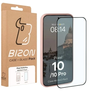 Etui z pierścieniem magnetycznym + szkło hartowane Bizon MatteO Pack do Google Pixel 10 / 10 Pro przydymione-jasnoróżowe