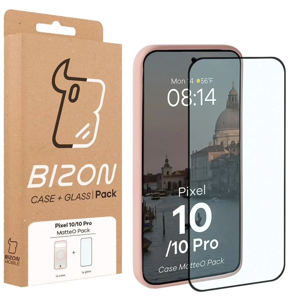 Etui z pierścieniem magnetycznym + szkło hartowane Bizon MatteO Pack do Google Pixel 10 / 10 Pro przydymione-jasnoróżowe