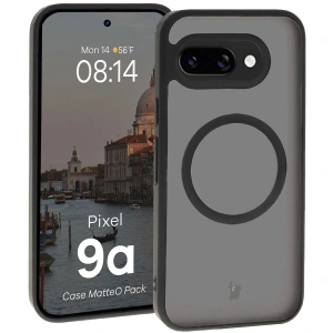 Etui z pierścieniem magnetycznym + szkło hartowane Bizon MatteO Pack do Google Pixel 9a przydymione-czarne