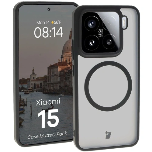 Etui z pierścieniem magnetycznym + szkło hartowane Bizon MatteO Pack do Xiaomi 15 przydymione-czarne