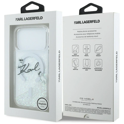 Etui Karl Lagerfeld Liquid Glitter Karl Script Logo MagSafe do Apple iPhone 17 Pro przezroczysty