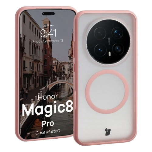 Etui z pierścieniem magnetycznym Bizon Case MatteO do Honor Magic8 Pro przydymione-jasnoróżowe