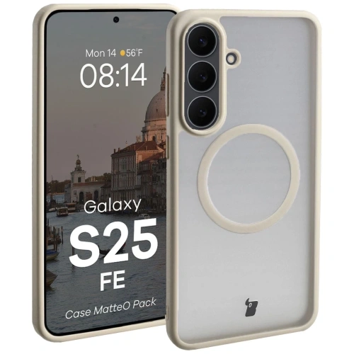 Etui z pierścieniem magnetycznym + szkło hartowane Bizon MatteO Pack do Samsung Galaxy S25 FE przydymione-beżowe