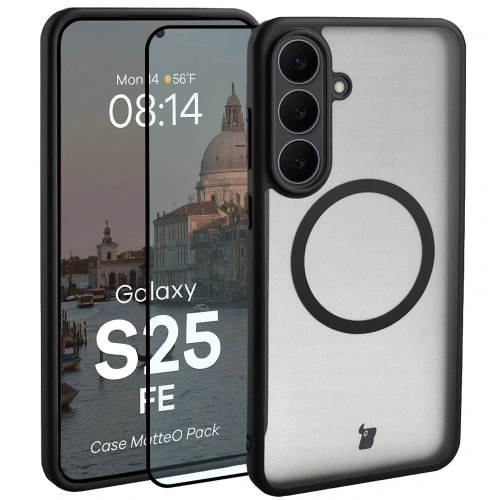 Etui z pierścieniem magnetycznym + szkło hartowane Bizon MatteO Pack do Samsung Galaxy S25 FE przydymione-czarne
