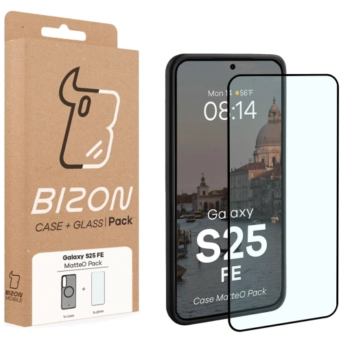 Etui z pierścieniem magnetycznym + szkło hartowane Bizon MatteO Pack do Samsung Galaxy S25 FE przydymione-czarne