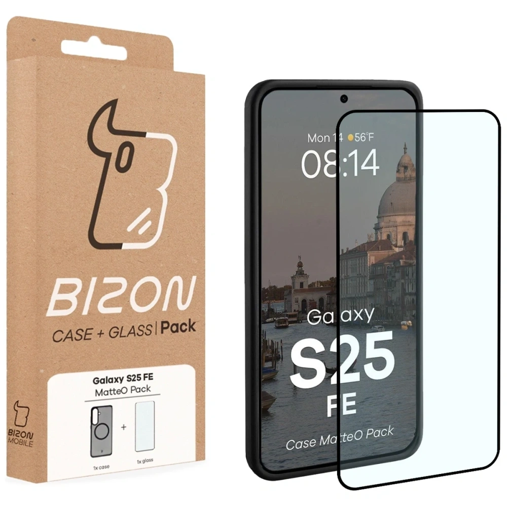 Etui z pierścieniem magnetycznym + szkło hartowane Bizon MatteO Pack do Samsung Galaxy S25 FE przydymione-czarne
