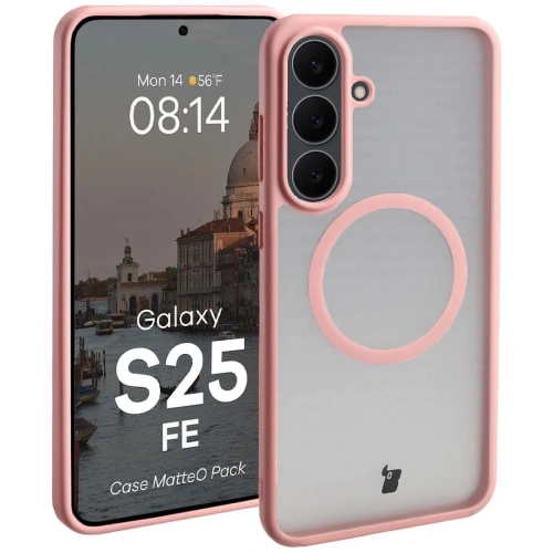 Etui z pierścieniem magnetycznym + szkło hartowane Bizon MatteO Pack do Samsung Galaxy S25 FE przydymione-jasnoróżowe