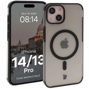 Etui z pierścieniem magnetycznym + szkło hartowane Bizon MatteO Pack do Apple iPhone 14 / 13 przydymione-czarne