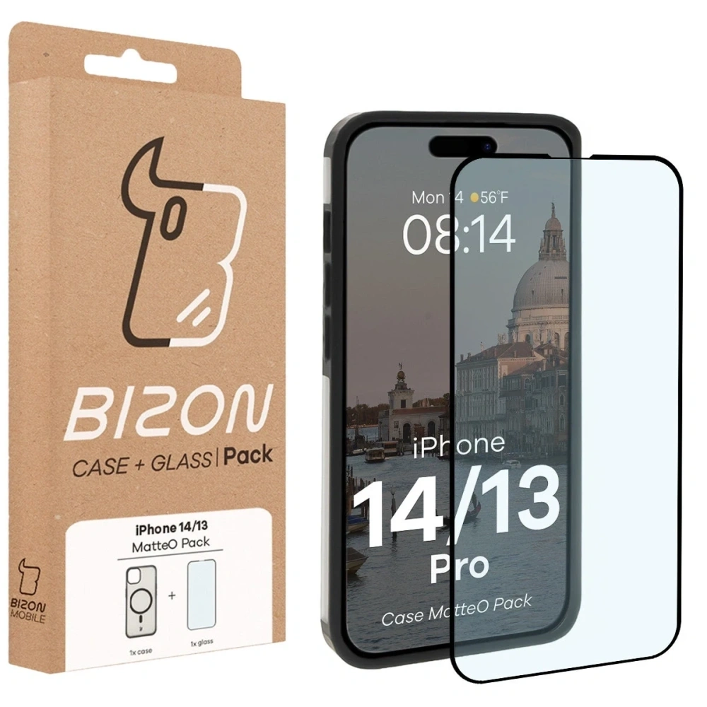 Etui z pierścieniem magnetycznym + szkło hartowane Bizon MatteO Pack do Apple iPhone 14 / 13 przydymione-czarne