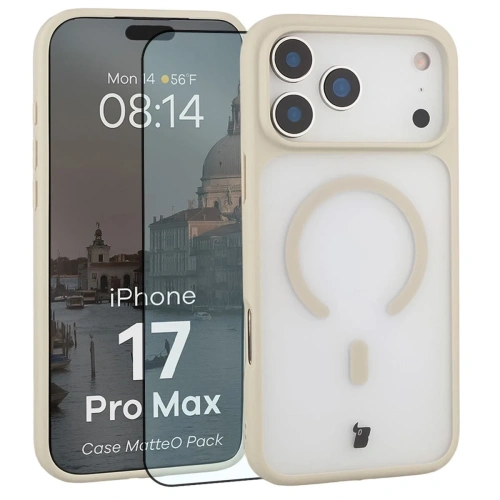 Etui z pierścieniem magnetycznym + szkło hartowane Bizon MatteO Pack do Apple iPhone 17 Pro Max przydymione-beżowe