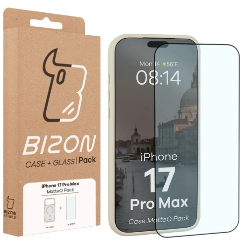 Etui z pierścieniem magnetycznym + szkło hartowane Bizon MatteO Pack do Apple iPhone 17 Pro Max przydymione-beżowe