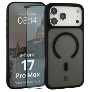 Etui z pierścieniem magnetycznym + szkło hartowane Bizon MatteO Pack do Apple iPhone 17 Pro Max przydymione-czarne