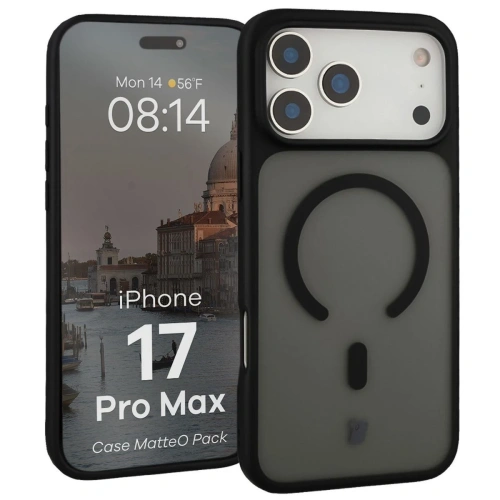 Etui z pierścieniem magnetycznym + szkło hartowane Bizon MatteO Pack do Apple iPhone 17 Pro Max przydymione-czarne