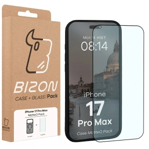 Etui z pierścieniem magnetycznym + szkło hartowane Bizon MatteO Pack do Apple iPhone 17 Pro Max przydymione-czarne