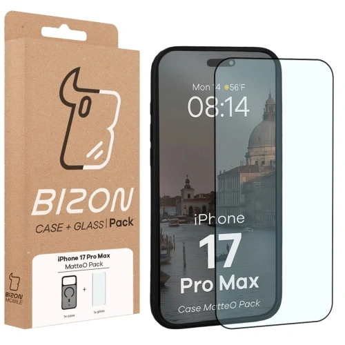 Etui z pierścieniem magnetycznym + szkło hartowane Bizon MatteO Pack do Apple iPhone 17 Pro Max przydymione-czarne