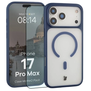 Etui z pierścieniem magnetycznym + szkło hartowane Bizon MatteO Pack do Apple iPhone 17 Pro Max przydymione-granatowe